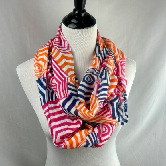 2 Scarf Bundle Plaid Novelty Print Beach Umbrellas Orange Pink Blue Green - Picture 5 of 7